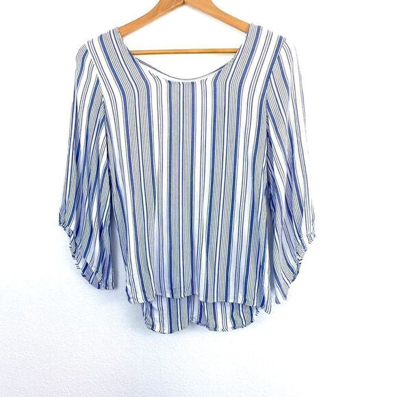 𝅺drew Anthropologie Shirt Vertical Striped Knot‎ Back Top White Blue Size Small - Picture 1 of 5